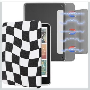 Black and white checkered 6” kindle case with detachable magnetic cover